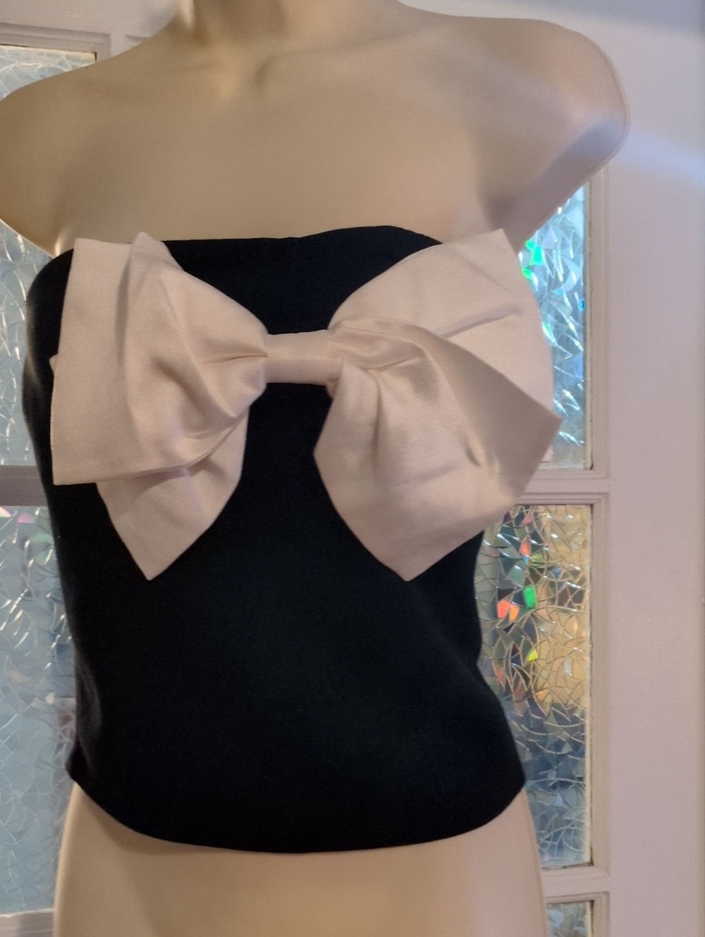 Strapless Black Top with Oversized White Bow